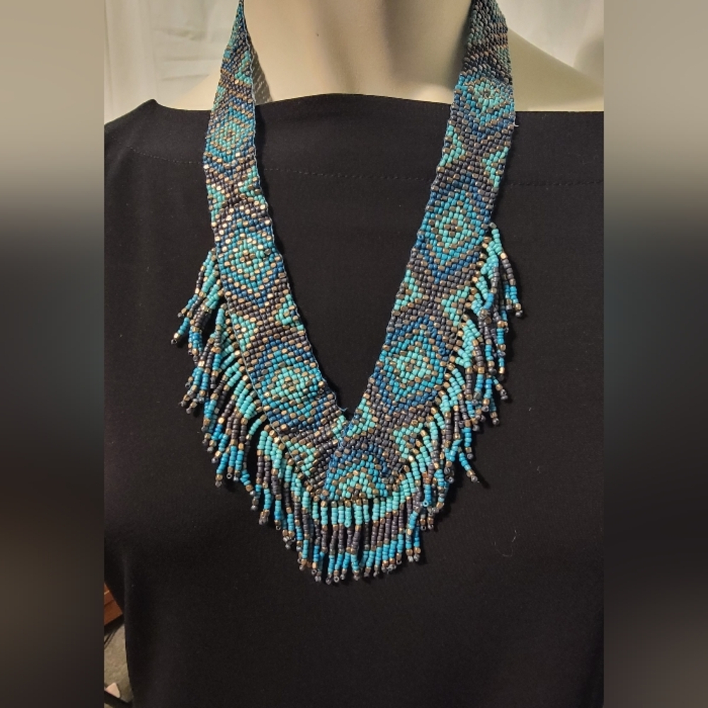 Native American Style Woven Turquoise And Bronze Bead Fringe Tribal Necklace - Picture 8 of 10